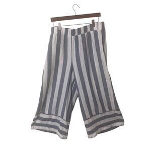 New York & Company Striped Linen Blend Wide Leg Pants L Blue White Coastal